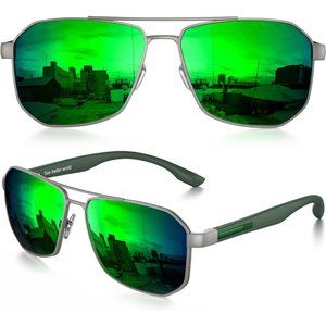 Sunglasses for Men Square Polarized Polygon Lens UV 400 Protection-Green Len's